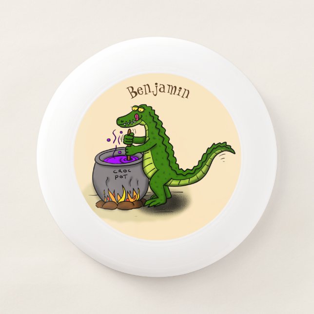 Funny green alligator cooking cartoon Wham-O frisbee (Front)