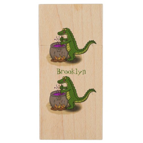 Funny green alligator cooking cartoon wood flash drive