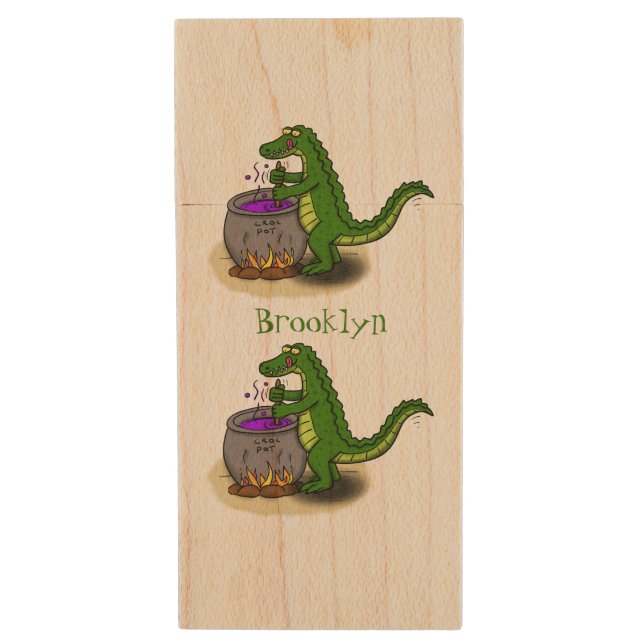Funny green alligator cooking cartoon wood flash drive (Front Vertical)