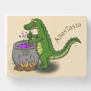 Funny green alligator cooking cartoon wooden box sign
