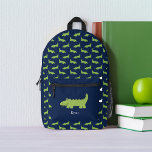 Funny Green Alligators Pattern Custom Printed Backpack<br><div class="desc">Fun kids design of green alligators on a dark blue background. Personalize it with your child's name,  nickname,  monogram,  or text of your choice.</div>
