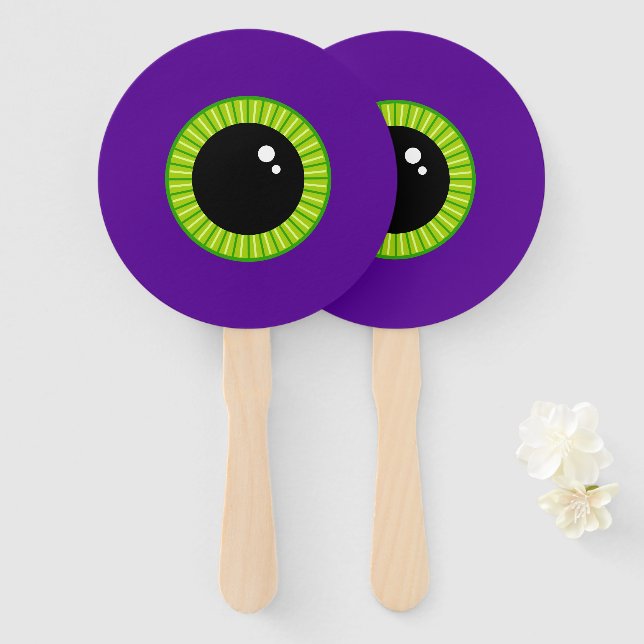 Funny Green and Purple Monster Eyeball Hand Fan (Front and Back)