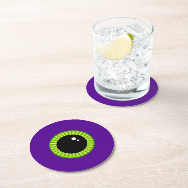 Funny Green and Purple Monster Eyeball Round Paper Coaster (Insitu)