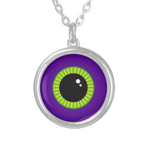 Funny Green and Purple Monster Eyeball Silver Plated Necklace