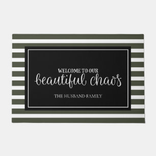 Funny Green and White Stripes Monogram Doormat