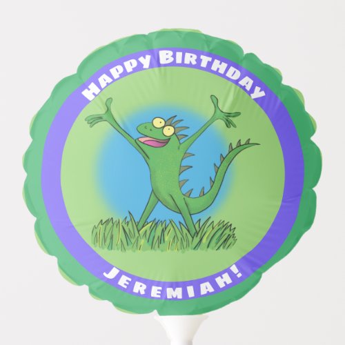 Funny green animated iguana lizard birthday balloon