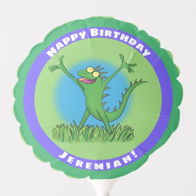 Funny green animated iguana lizard birthday balloon (Front)