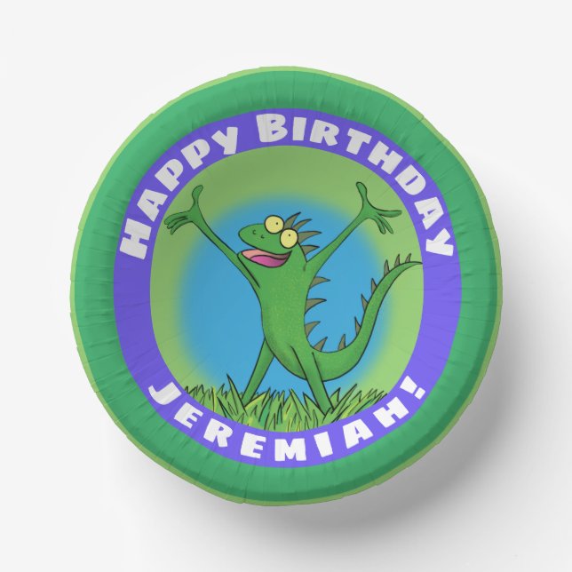 Funny green animated iguana lizard birthday paper bowls (Front)