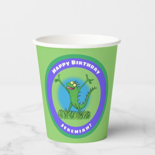 Funny green animated iguana lizard birthday paper cups