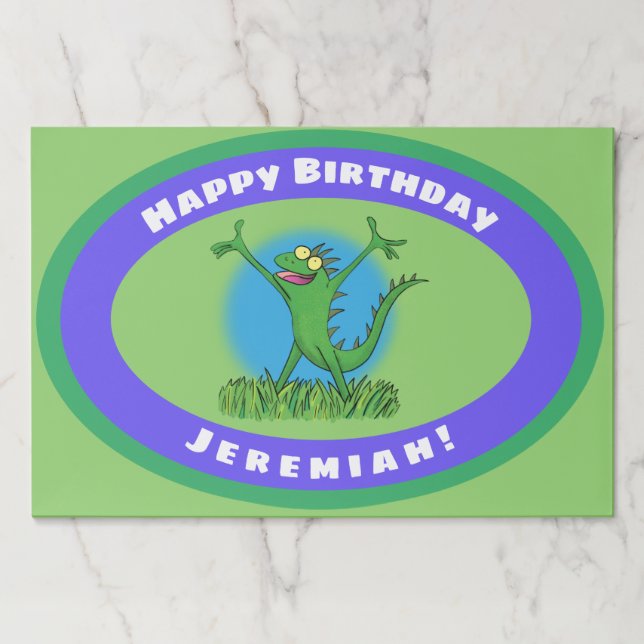 Funny green animated iguana lizard birthday paper pad (Front)