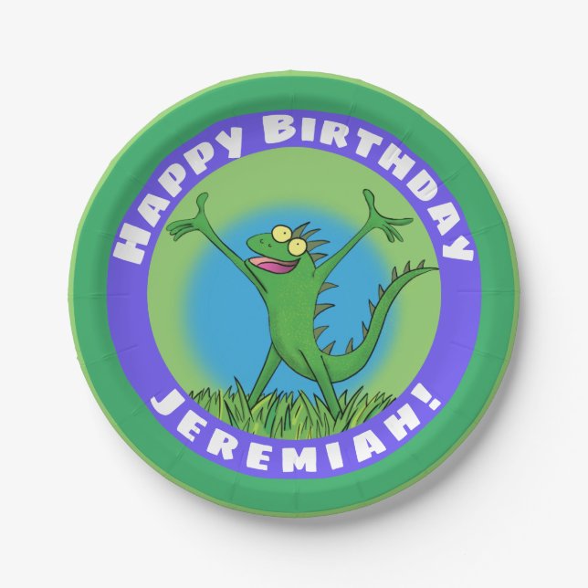 Funny green animated iguana lizard birthday paper plates (Front)