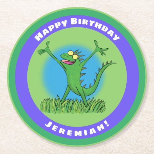 Funny green animated iguana lizard birthday round paper coaster