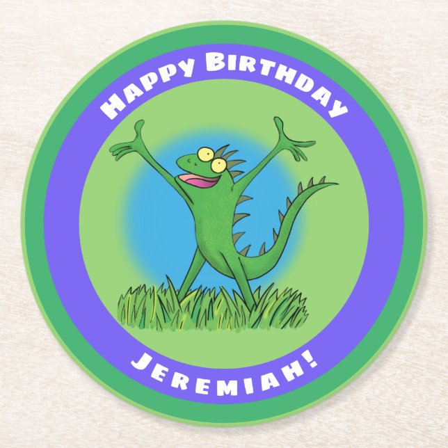 Funny green animated iguana lizard birthday round paper coaster (Front)