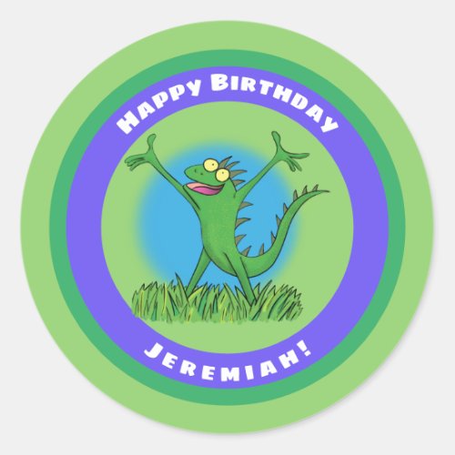 Funny green animated iguana lizard classic round sticker