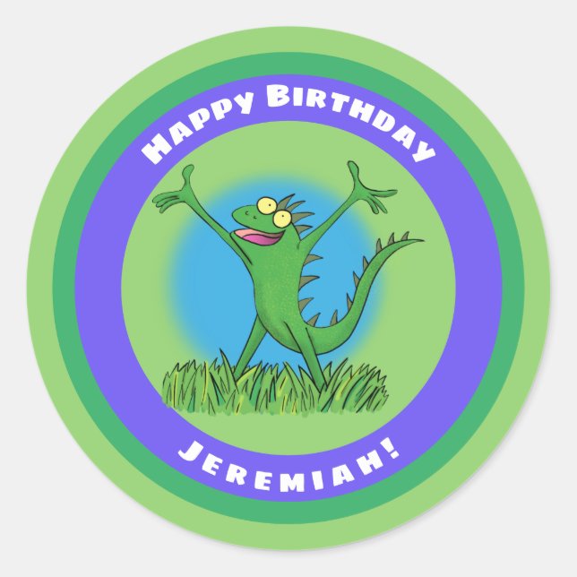 Funny green animated iguana lizard classic round sticker (Front)
