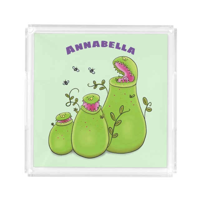 Funny green carnivorous pitcher plants cartoon acrylic tray (Front)