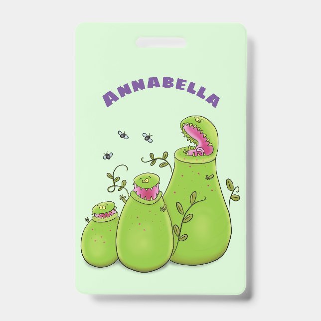 Funny green carnivorous pitcher plants cartoon badge (Front)