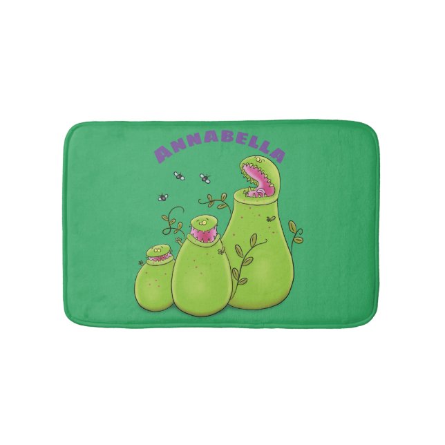 Funny green carnivorous pitcher plants cartoon bath mat (Front)