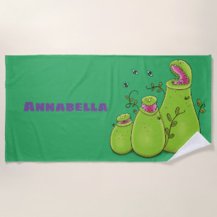 Funny green carnivorous pitcher plants cartoon beach towel