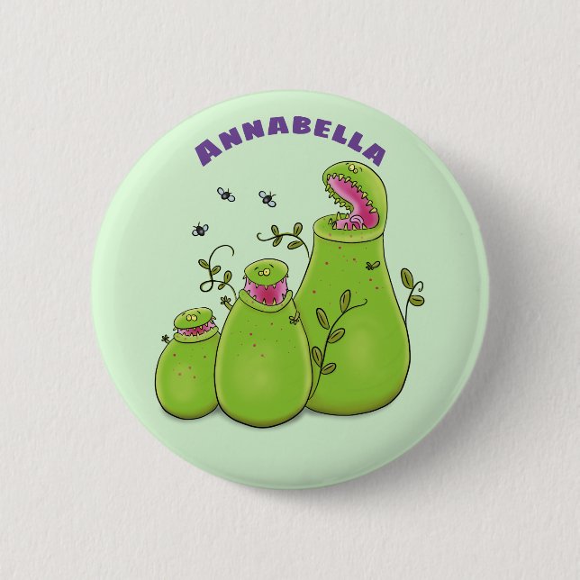 Funny green carnivorous pitcher plants cartoon button (Front)