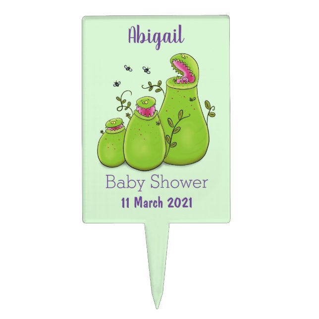 Funny green carnivorous pitcher plants cartoon cake topper (Front)