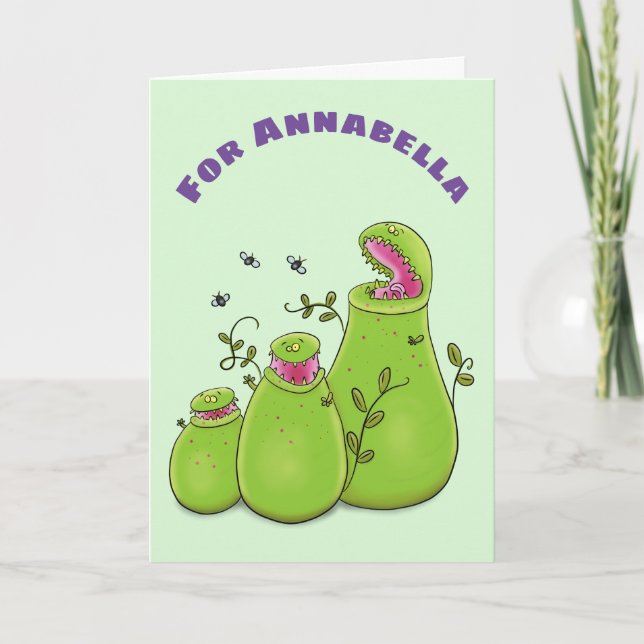 Funny green carnivorous pitcher plants cartoon card (Front)