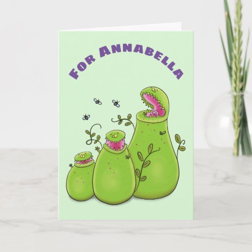 Funny green carnivorous pitcher plants cartoon card