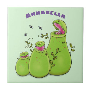 Funny green carnivorous pitcher plants cartoon ceramic tile