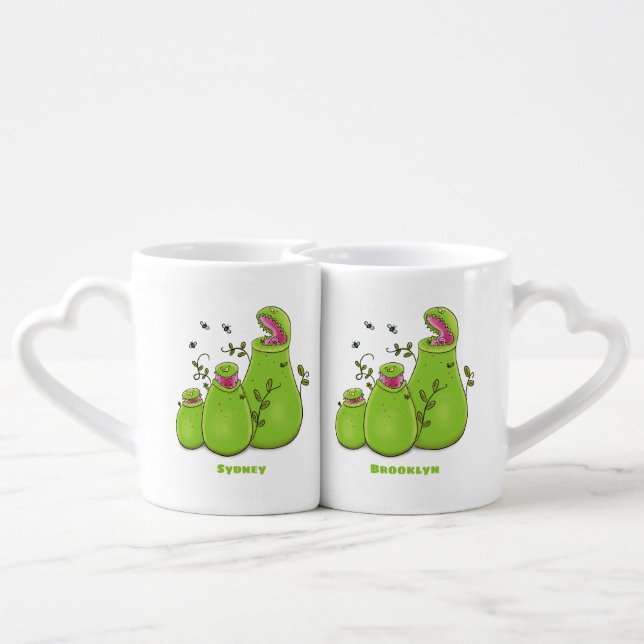 Funny green carnivorous pitcher plants cartoon coffee mug set (Back Nesting)