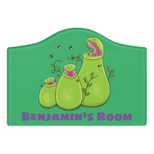 Funny green carnivorous pitcher plants cartoon door sign