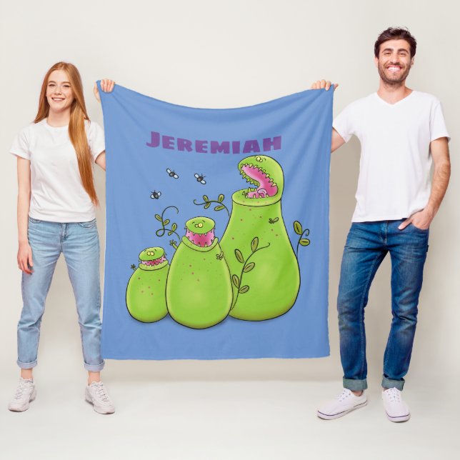 Funny green carnivorous pitcher plants cartoon fleece blanket (In Situ)