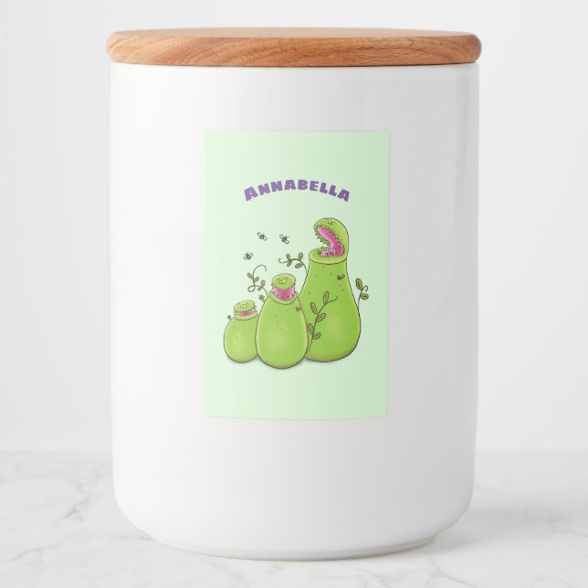 Funny green carnivorous pitcher plants cartoon food label (Front)