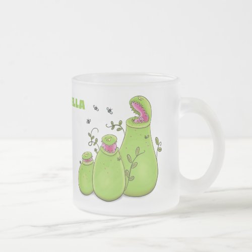 Funny green carnivorous pitcher plants cartoon frosted glass coffee mug