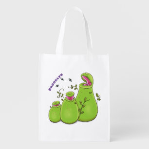 Funny green carnivorous pitcher plants cartoon grocery bag