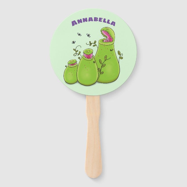 Funny green carnivorous pitcher plants cartoon hand fan (Front)
