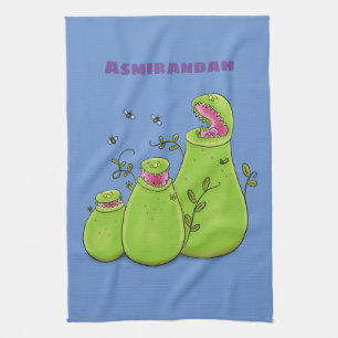 Funny green carnivorous pitcher plants cartoon kitchen towel