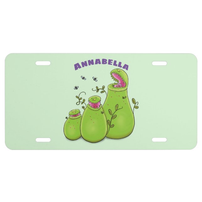Funny green carnivorous pitcher plants cartoon license plate (Front)