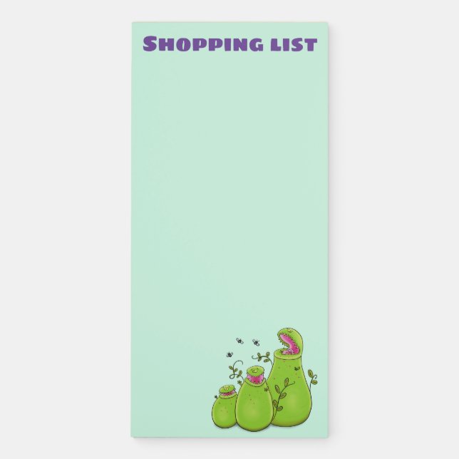 Funny green carnivorous pitcher plants cartoon magnetic notepad (Front)
