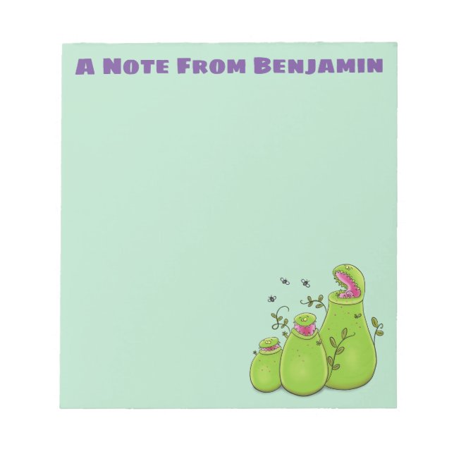 Funny green carnivorous pitcher plants cartoon notepad (Front)
