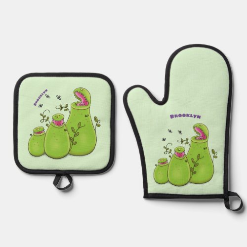 Funny green carnivorous pitcher plants cartoon oven mitt  pot holder set