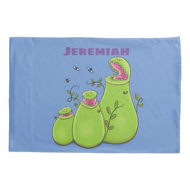 Funny green carnivorous pitcher plants cartoon pillow case (Back)