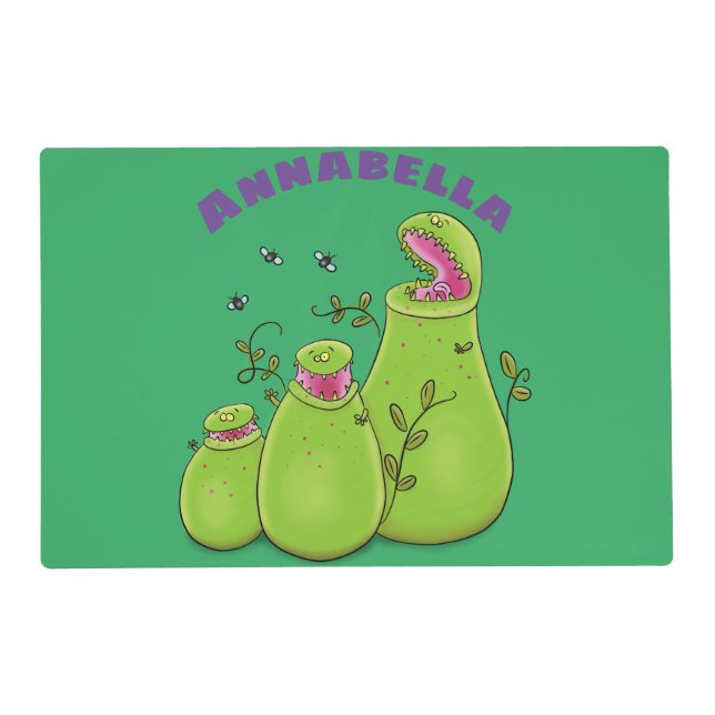 Funny green carnivorous pitcher plants cartoon placemat (Front)