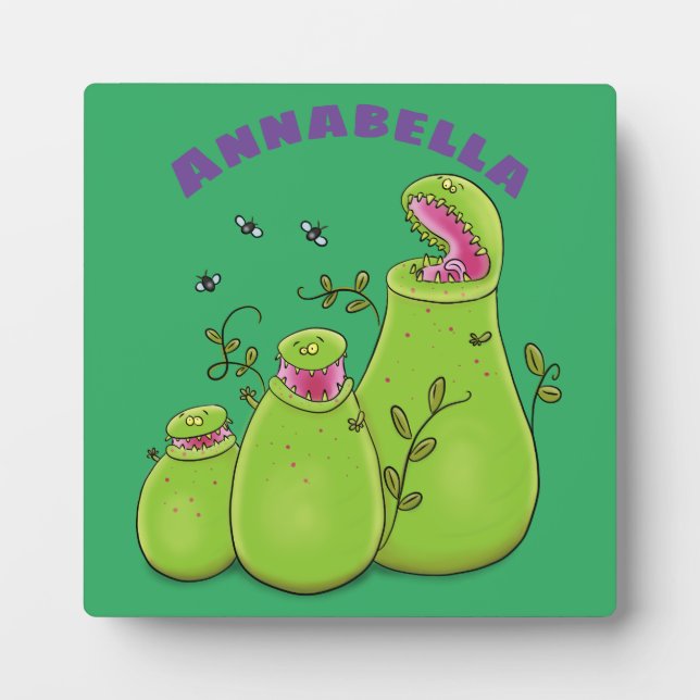 Funny green carnivorous pitcher plants cartoon plaque (Front)