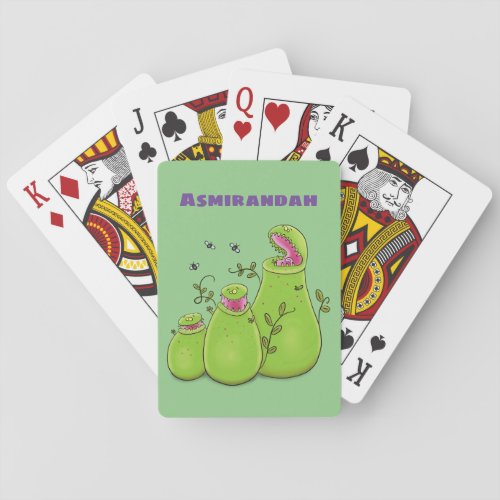 Funny green carnivorous pitcher plants cartoon poker cards