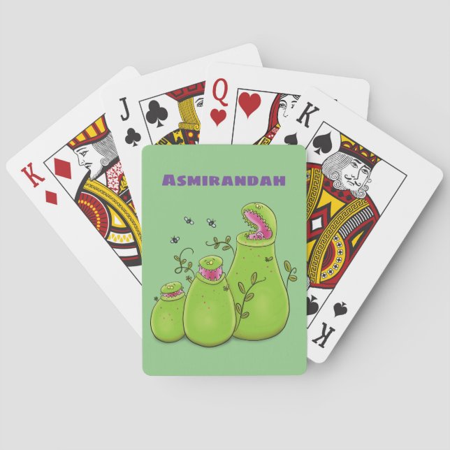 Funny green carnivorous pitcher plants cartoon poker cards (Back)