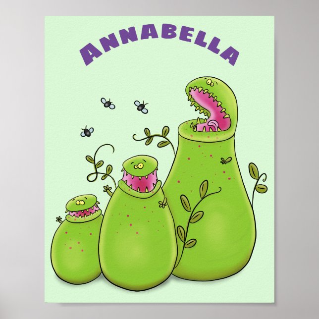 Funny green carnivorous pitcher plants cartoon poster (Front)