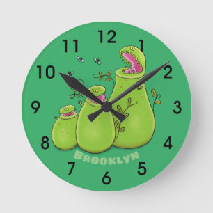 Funny green carnivorous pitcher plants cartoon rou round clock