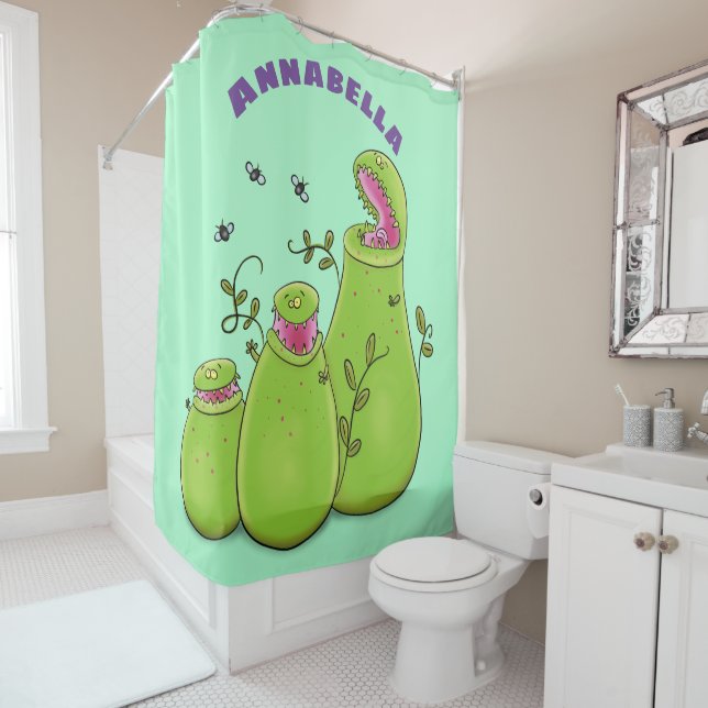 Funny green carnivorous pitcher plants cartoon shower curtain (In Situ)