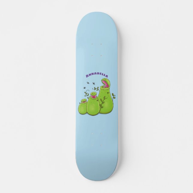 Funny green carnivorous pitcher plants cartoon skateboard (Front)