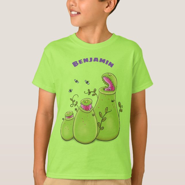 Funny green carnivorous pitcher plants cartoon T-Shirt (Front)